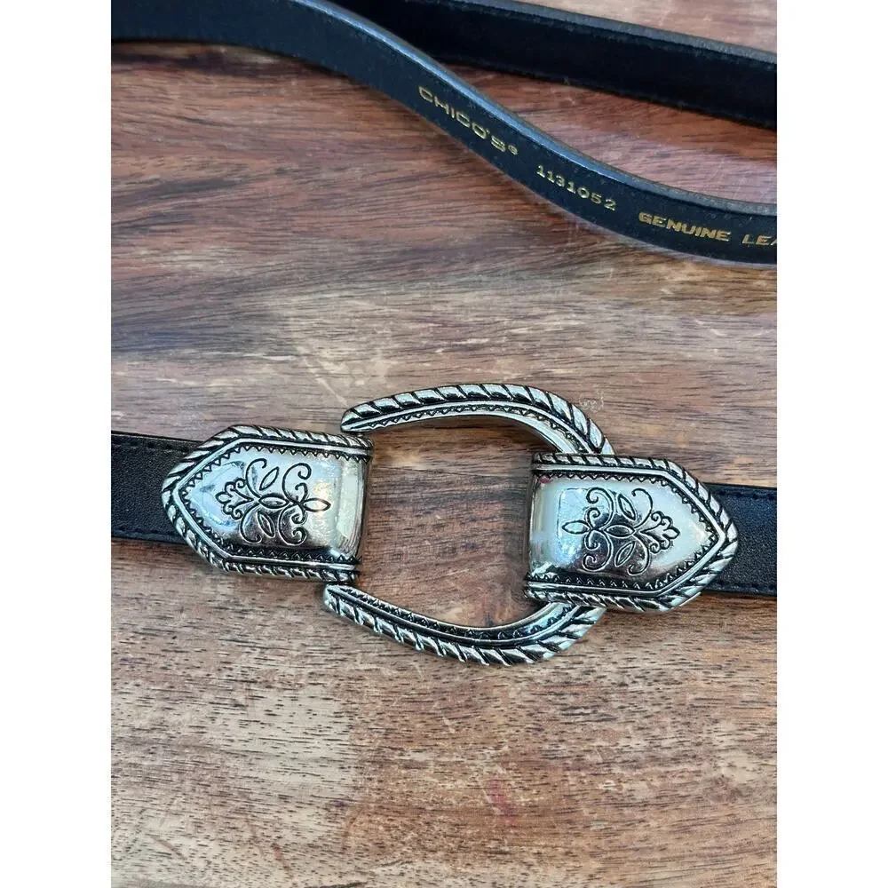 Chico's Women's Black Silver Double-Buckle Adjustable Asymmetrical Hook Belt